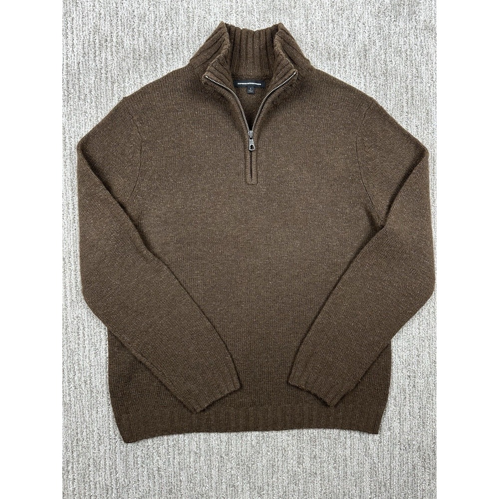 Express Sweater Mens Large Wool Blend 1/4 Zip Pullover Brown Ribbed
